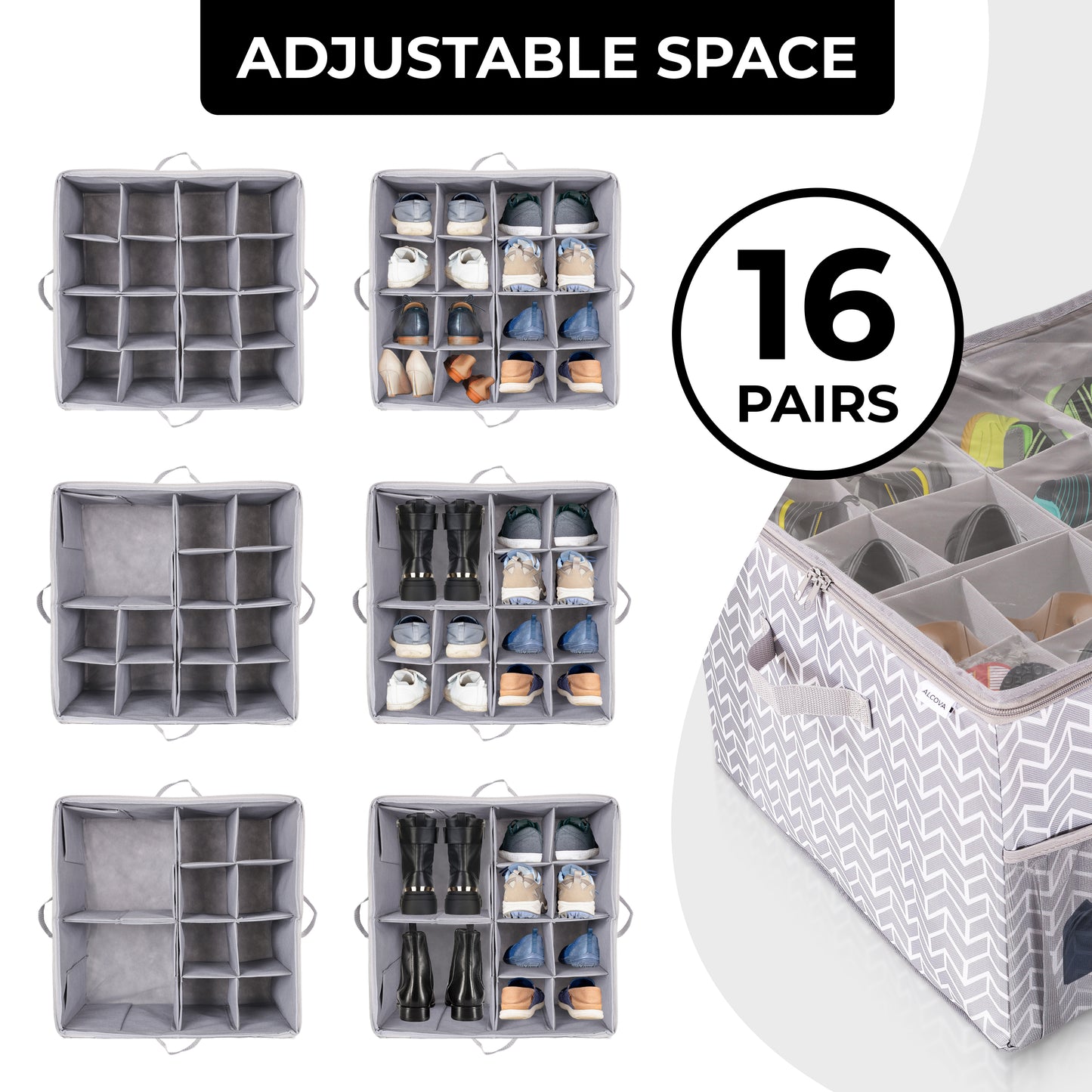 ALCOVA Shoe Organizer for Closet, Sandal Organizer with Mesh Pocket, Shoe Storage Box w/Adjustable Dividers, And Clear Lid Cover, Organizador de zapatos, Shoe Storage Closet Fits up to 8-16 Pairs